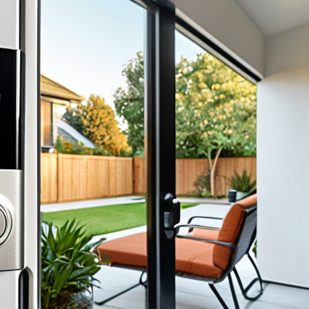 **

A modern home security setup with various smart devices: smart lock on the front door, security camera overlooking the yard, motion sensors on a window, and a central hub. Focus on the interconnectedness of the devices.  Style: Clean, tech-focused photography.

**