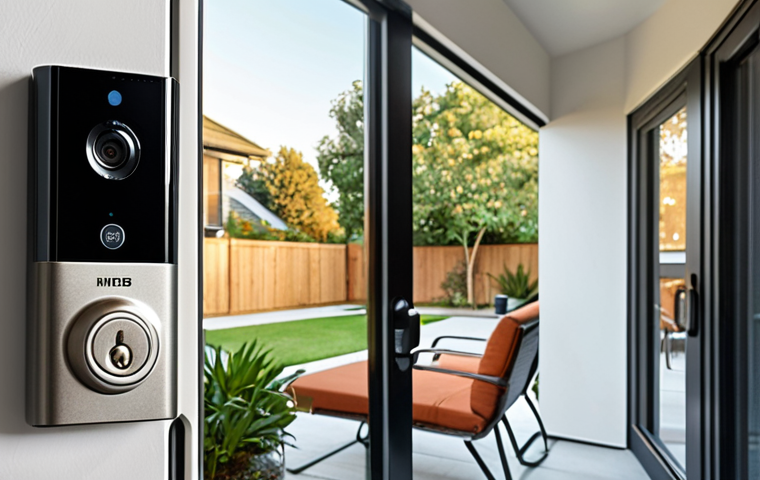 **
A modern home security setup with various smart devices: smart lock on the front door, security camera overlooking the yard, motion sensors on a window, and a central hub. Focus on the interconnectedness of the devices. Style: Clean, tech-focused photography.
**