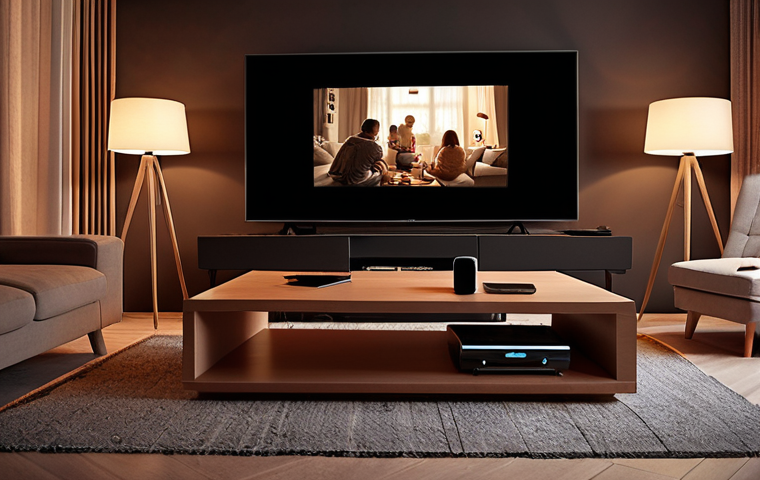 **Prompt:** A modern living room with a smart remote on the coffee table, controlling the lights and TV. Soft, warm lighting, creating a cozy "movie night" scene. Dutch interior design.